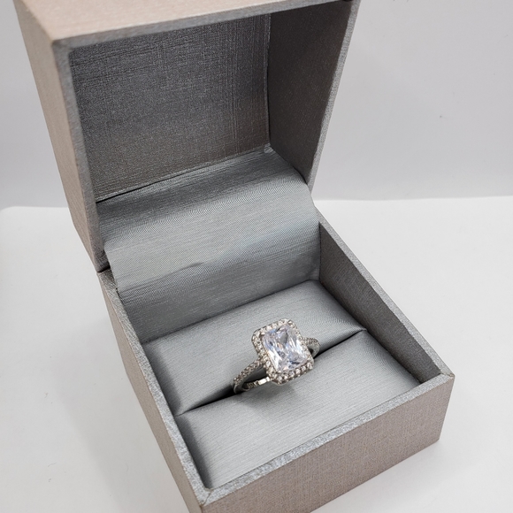 Radiant Simulated Diamond Halo Silver Tone Engagement Ring - Picture 5 of 5